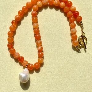 8mm Sunstone Baroque Pearl Necklace, 17in Gold